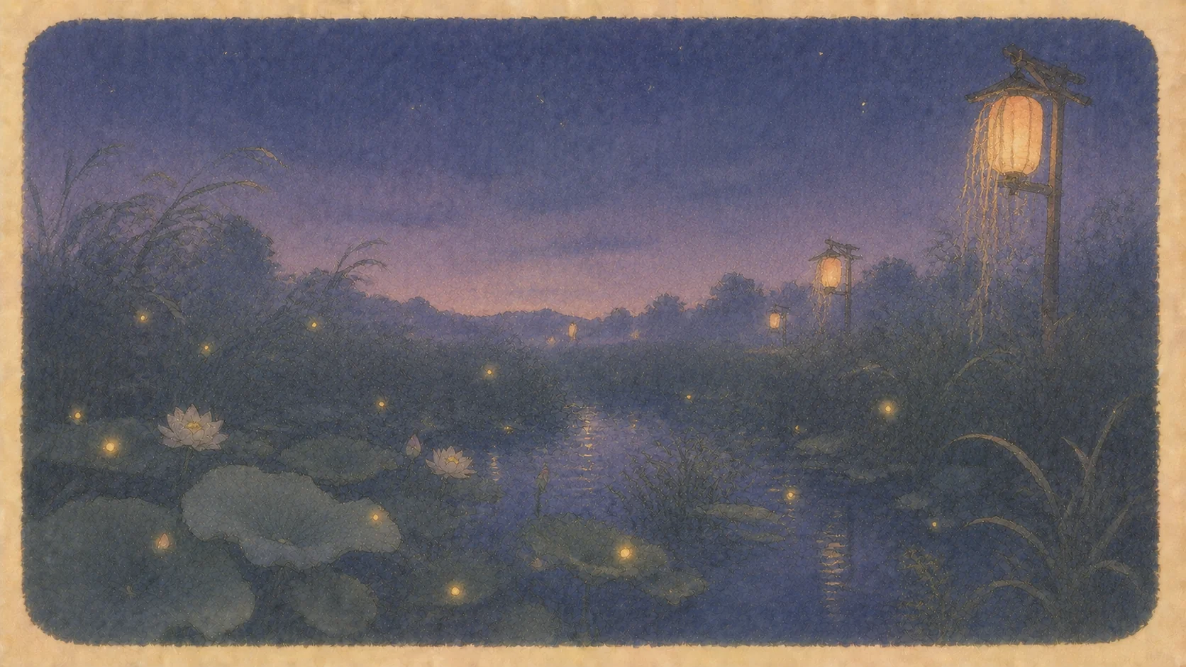 夏の夜の水辺と藕の葉、ホタルがキラキラ浮かぶ挿絵。