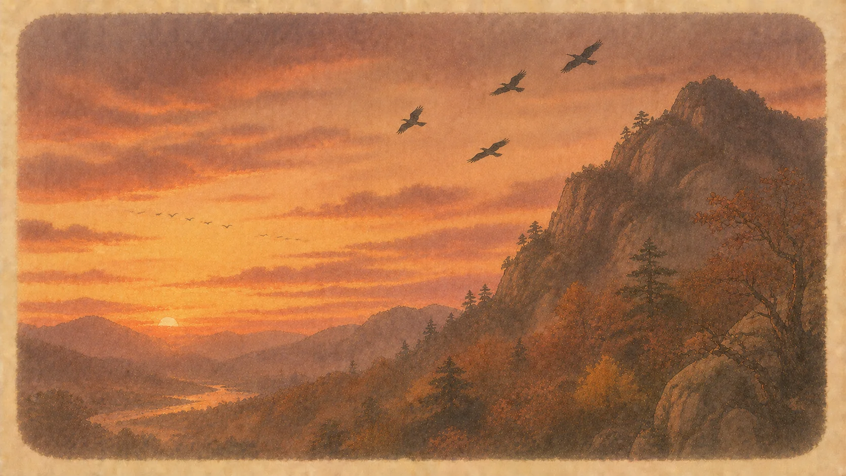 秋の夕、山に近づく夕日と空を渡る烏と雁の列の挿絵。