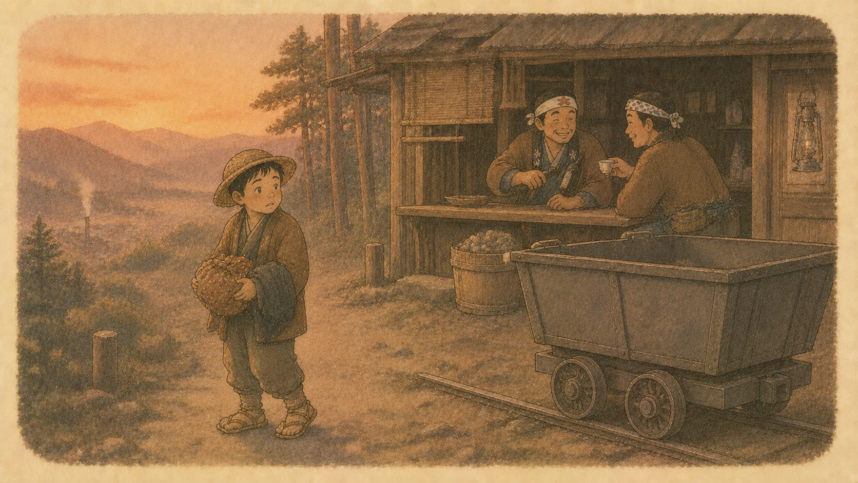 夕暮れの茶店、トロッコのそばで菓子包みと羽織を抱える良平の挿絵。