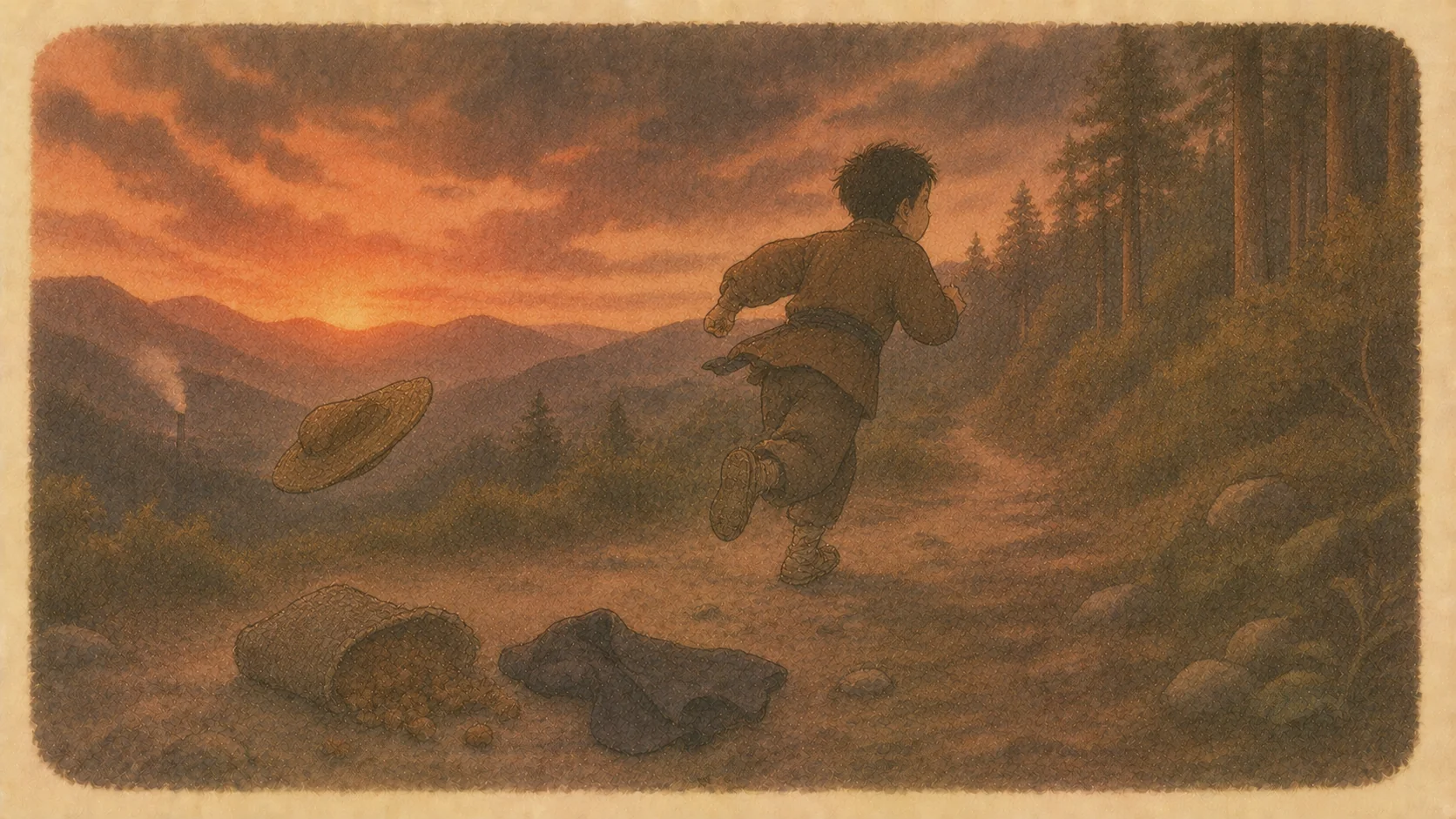 夕暮れの山道を一人で走る良平。菓子包みや羽織が道に散らばる挿絵。