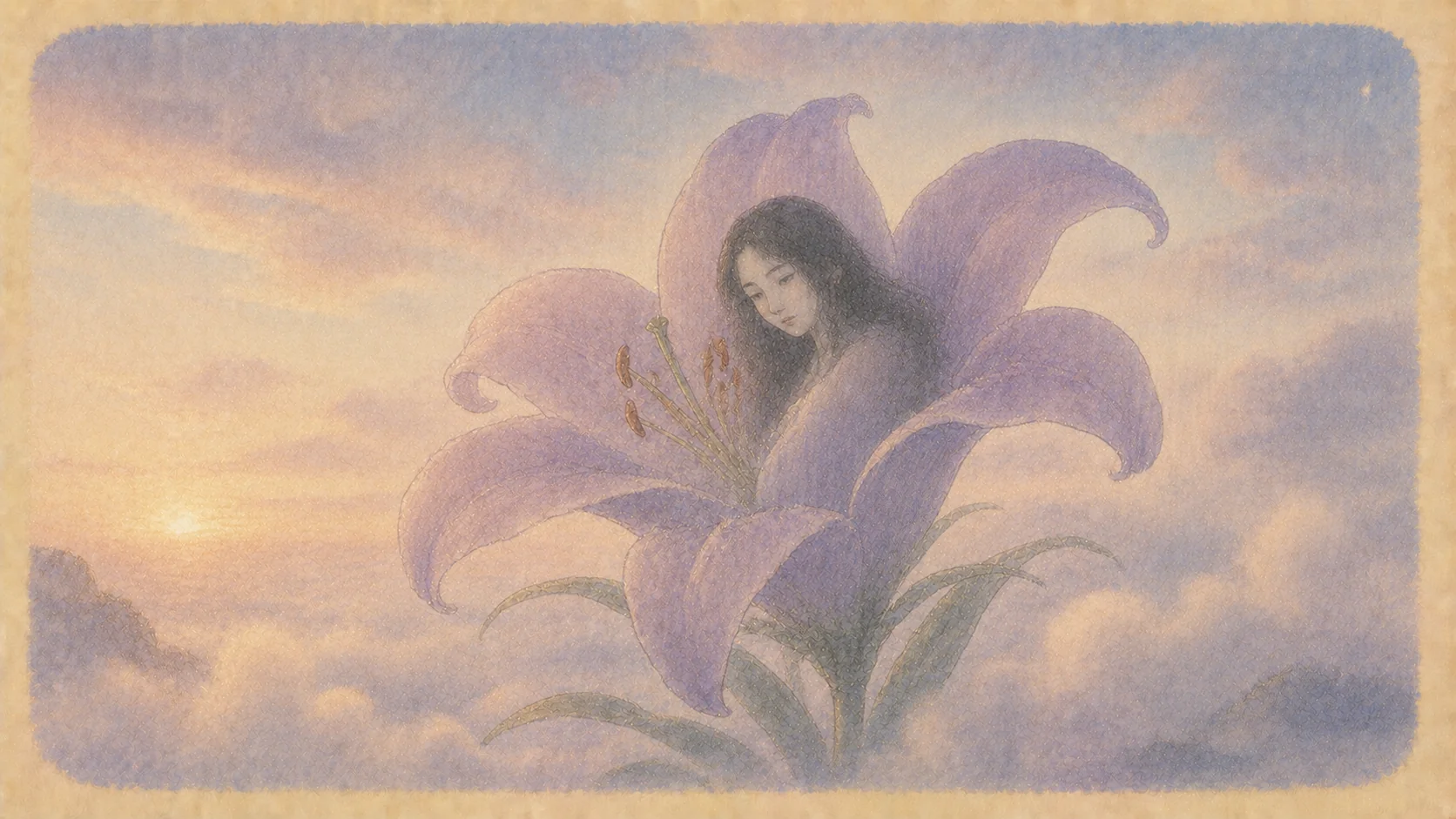 朝焼けの空に咲く藤色の大きな百合の花と、その中に浮かぶ面影の挿絵。