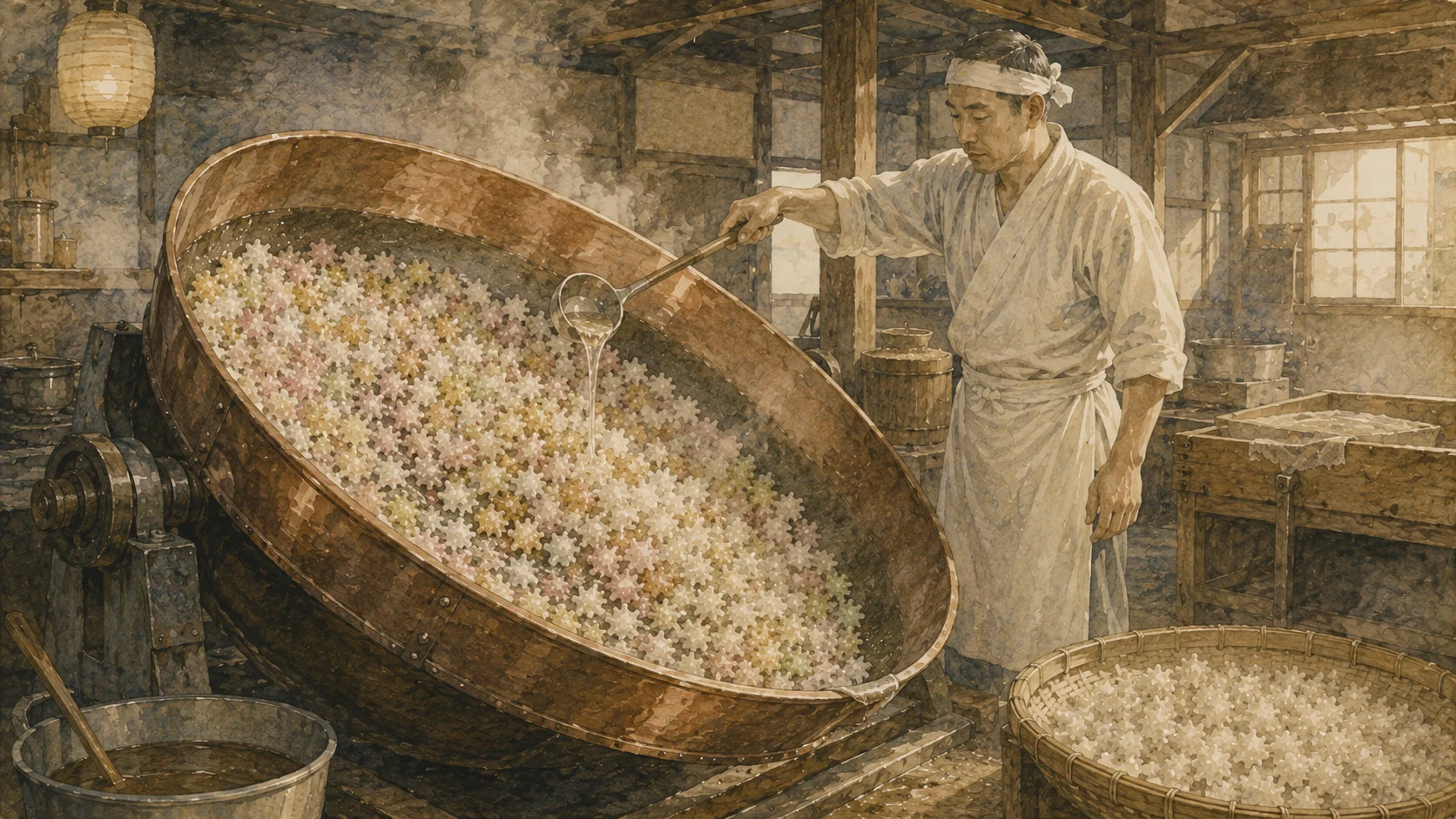 大正昭和期の和菓子工房で、職人が傾いた銅の大釜に砂糖蜜を柄杓で注ぎ、回転する金平糖を育てている挿絵。