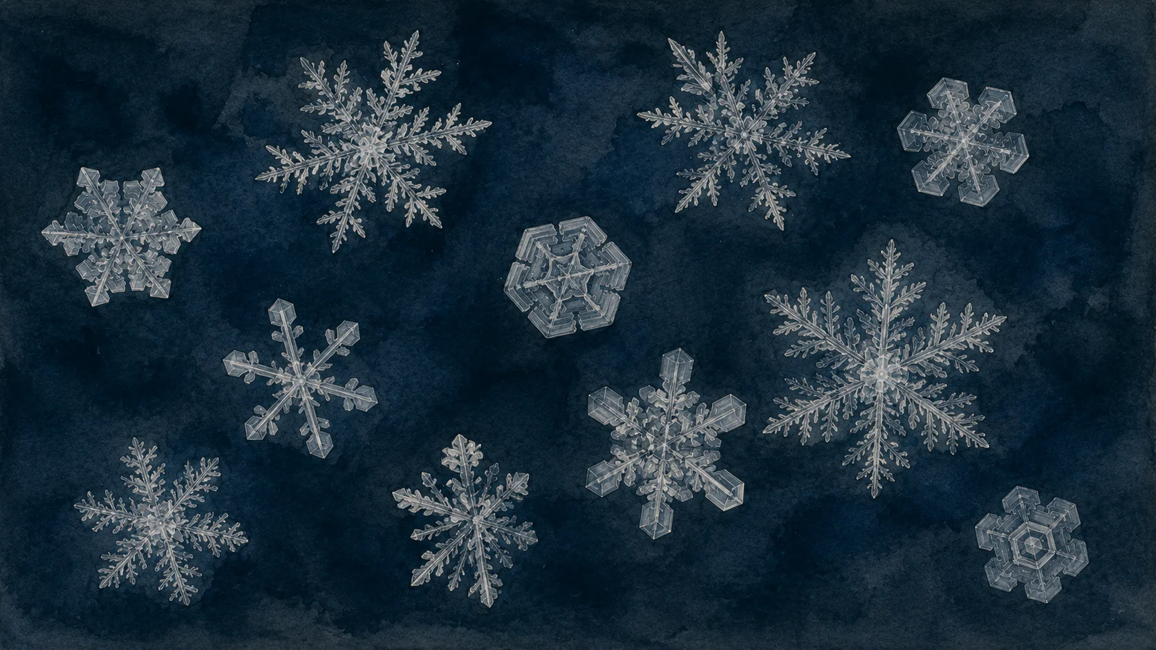 紺色の背景に白く繊細な雪の結晶が多数描かれた、顕微鏡観察ふうの挿絵。