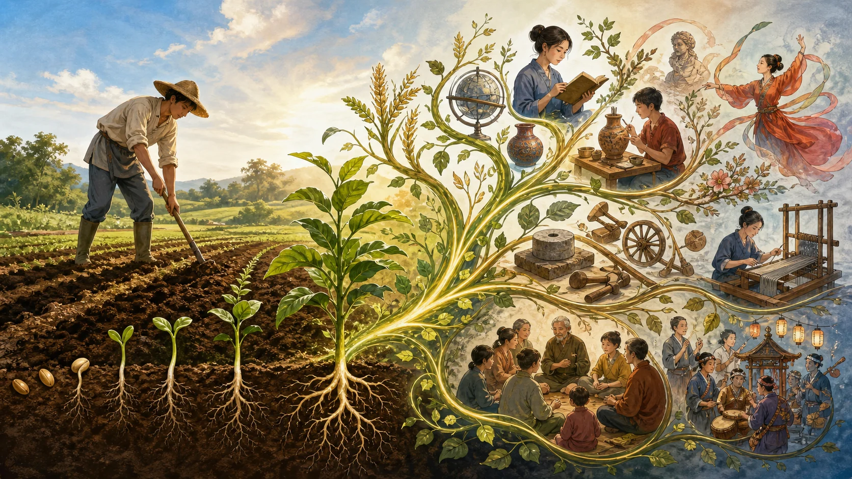 畑を耕して作物が育つ様子と、知識や芸術や共同体の営みが育つ様子がつながっている語源の概念図。