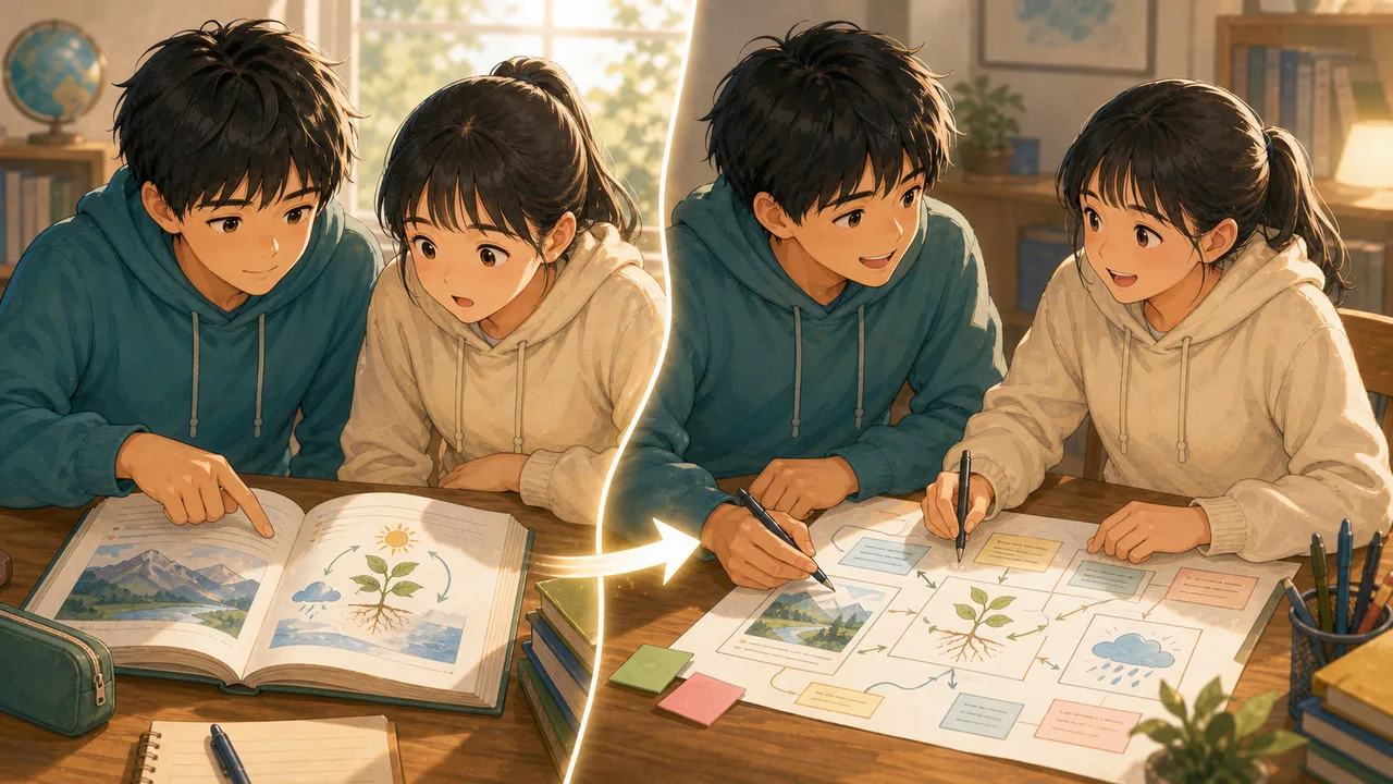 二人の生徒が同じページを見ながら、同じ計画を理解しているイディオムの概念図。