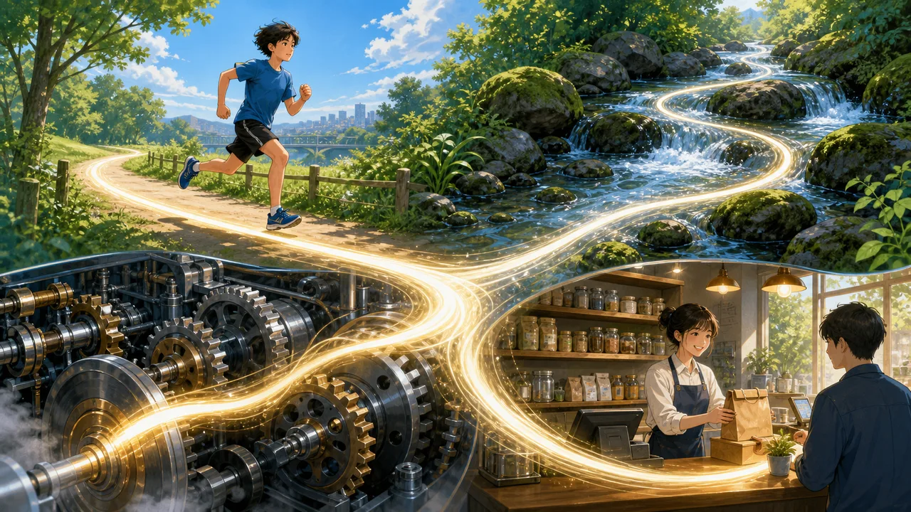 走る人、流れる水、動く機械、店の運営が一本の流れでつながっている概念図。
