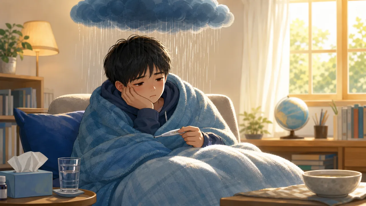 少し具合の悪い生徒の上に小さな雨雲があるイディオムの概念図。