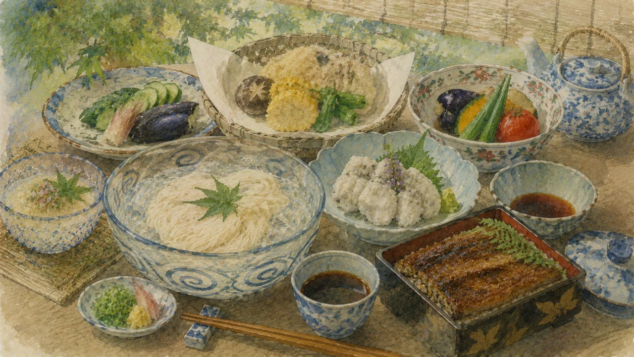 食道楽（夏の巻・抜粋）— 暑さと食欲 の表紙イラスト