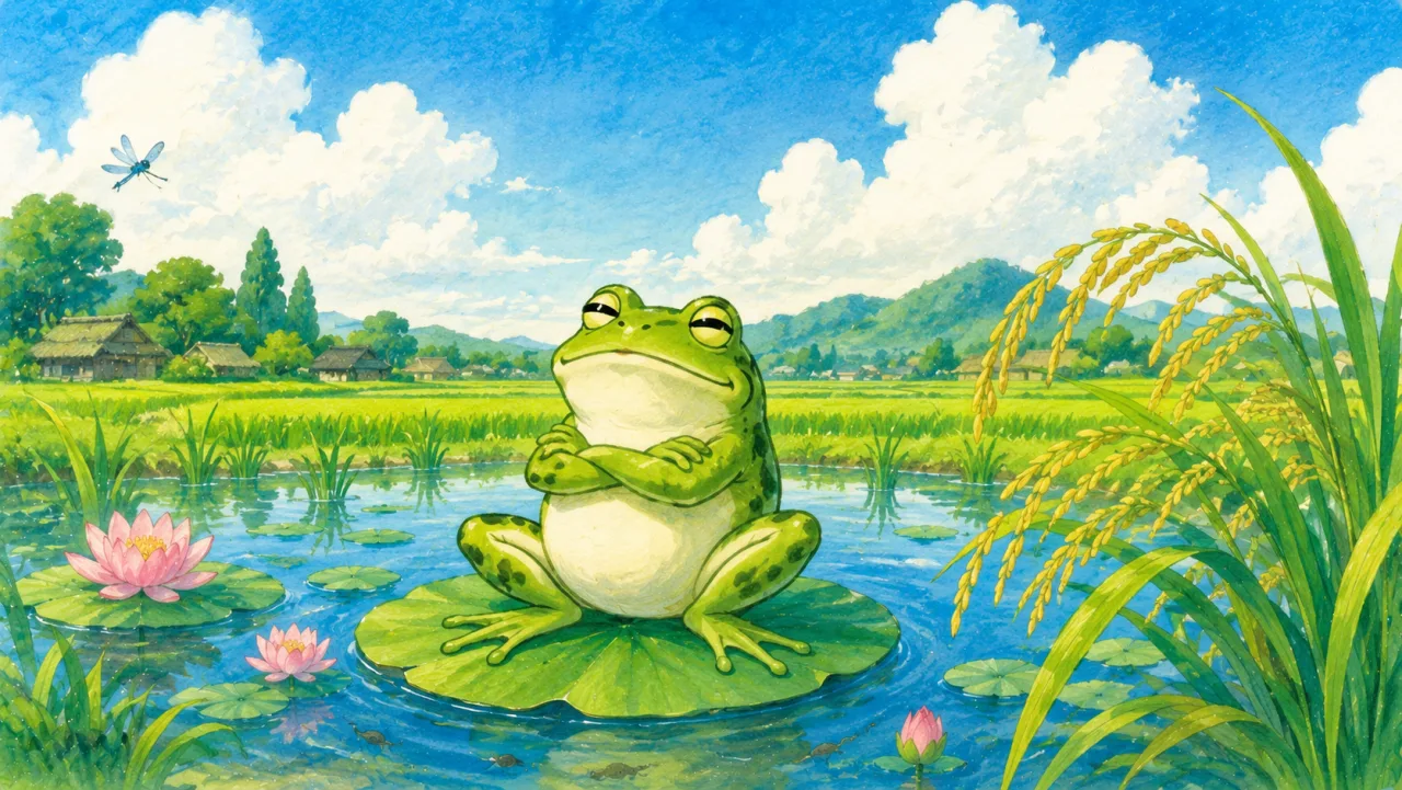 蛙 (かえる) のえらそうな話 — 草野心平より (簡約) の表紙イラスト
