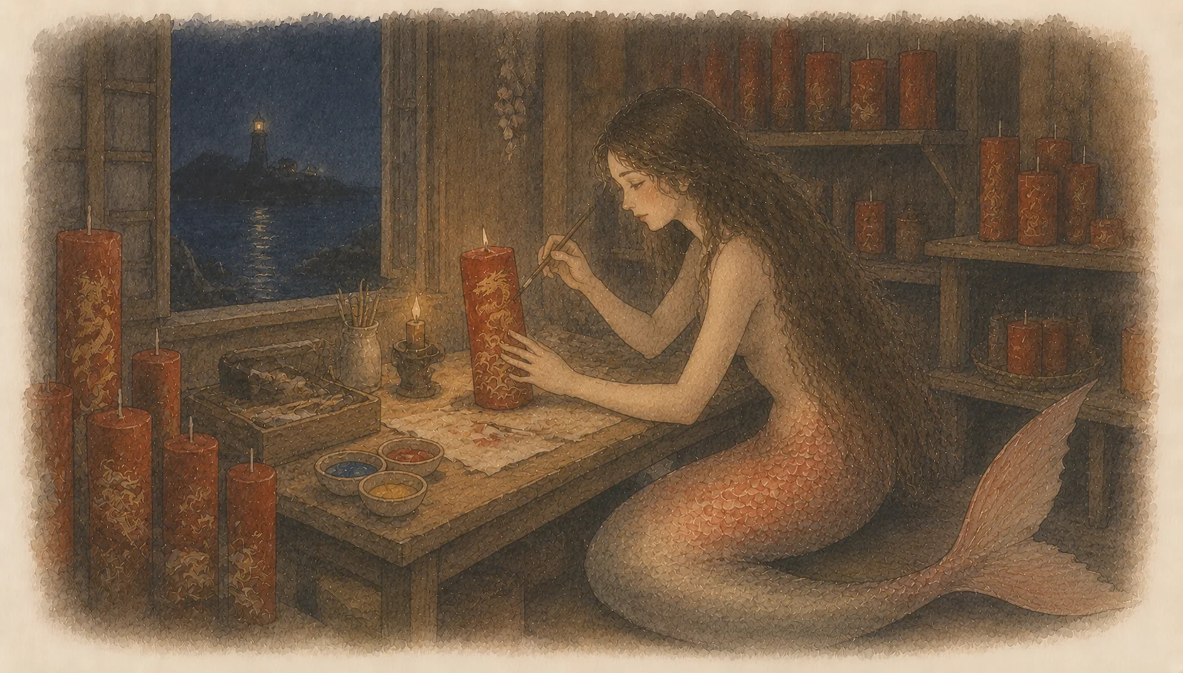 夜の小さなろうそく店で、人魚の娘が机に向かって赤いろうそくに絵を描く挿絵。