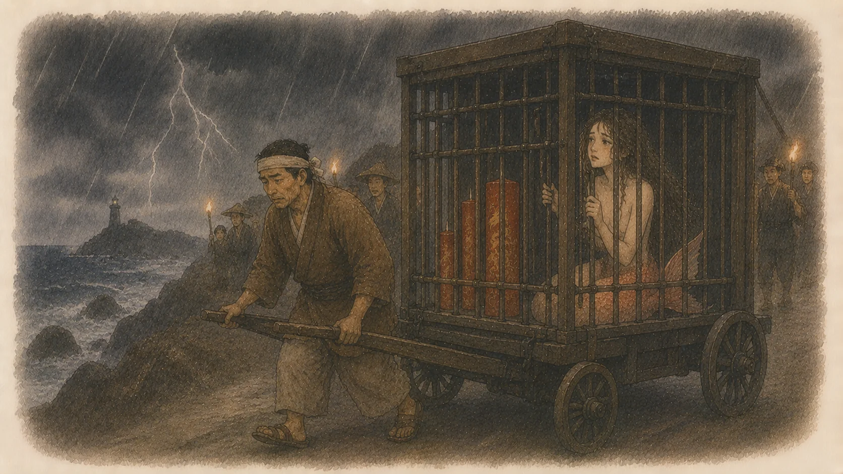 雷雨の海辺で、鉄格子の車に閉じこめられた人魚の娘と、それを引く香具師の挿絵。