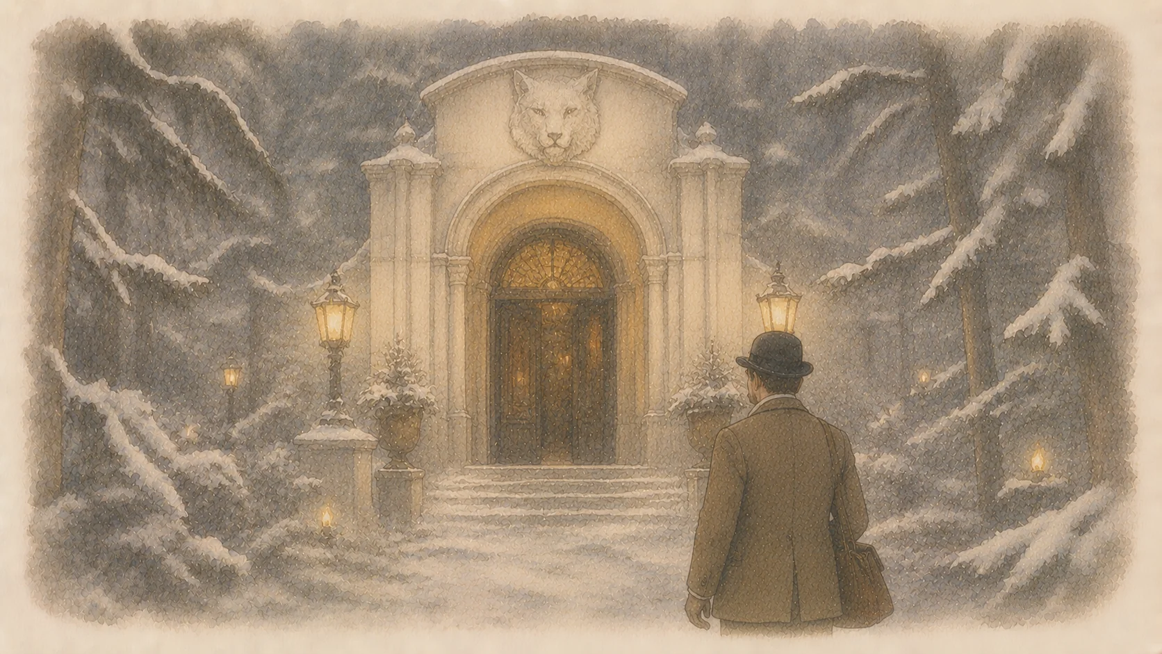 雪の柏の森のなかに、白いタイル張りの洋風料理店の玄関と二人の紳士の挿絵。