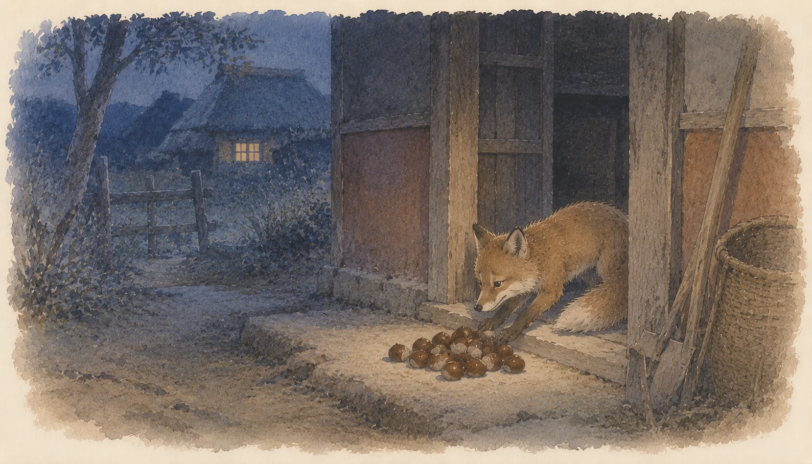 暗い色合いの夜明け、農家の戸口に栗を積む子狐ごんの後ろ姿。