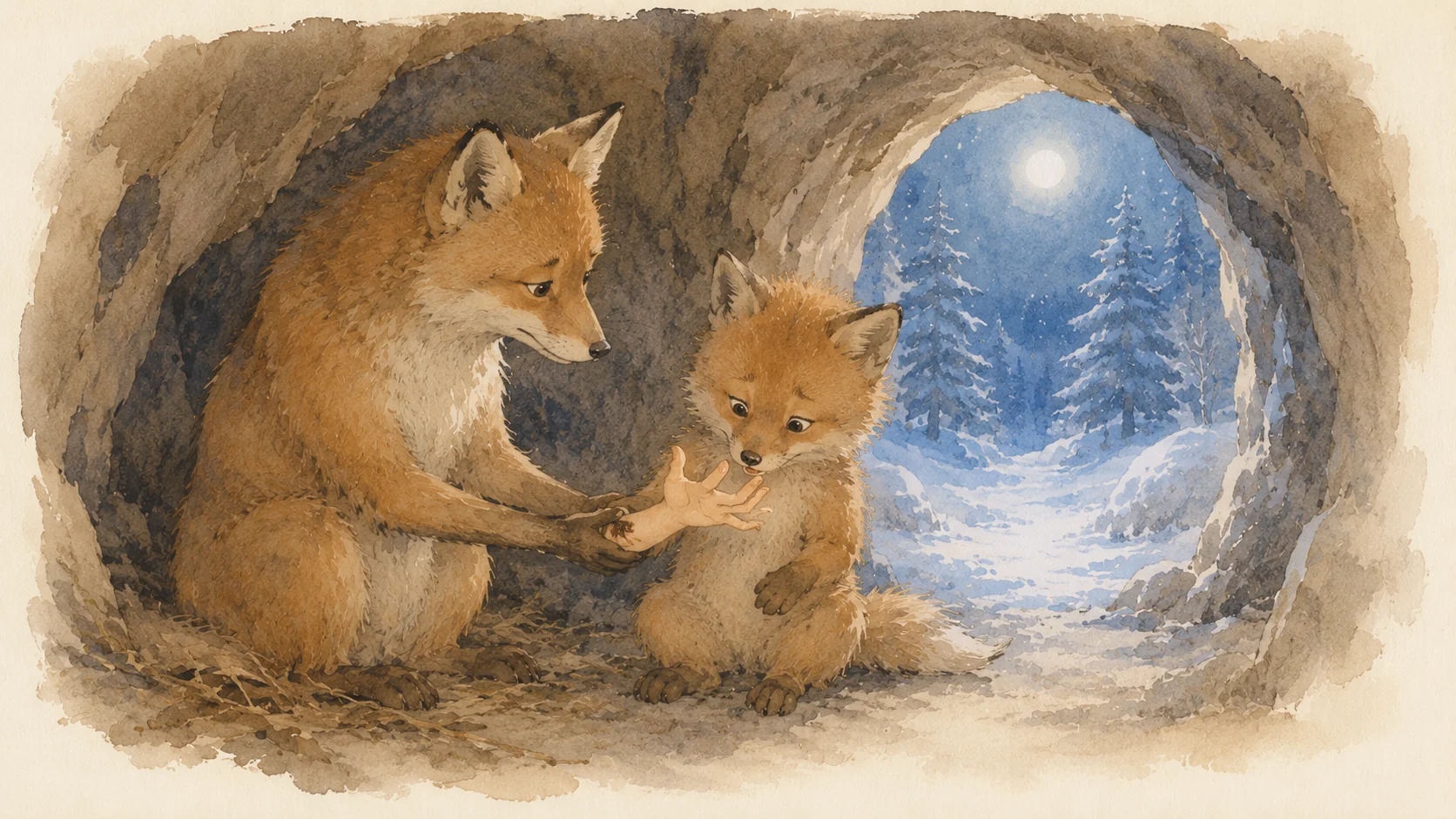洞穴の中で母さん狐と子狐が向かい合い、子狐の片手にやさしく触れる。