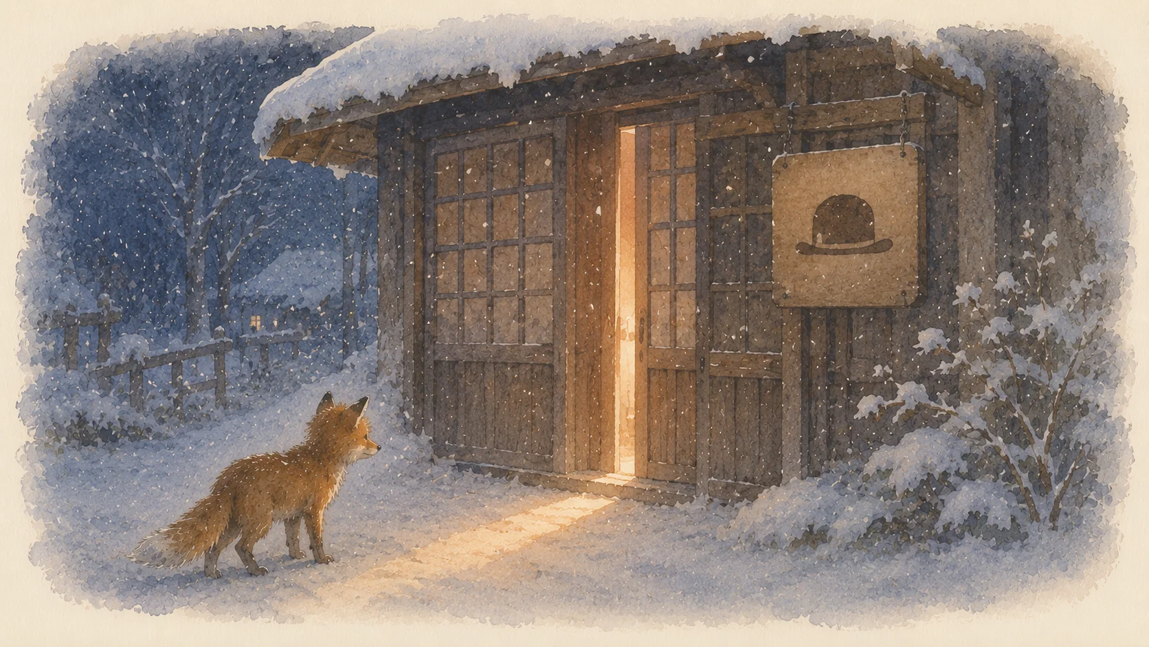 わずかに開いた帽子屋の引き戸から光が雪の上にこぼれ、子狐がそっと近づく。