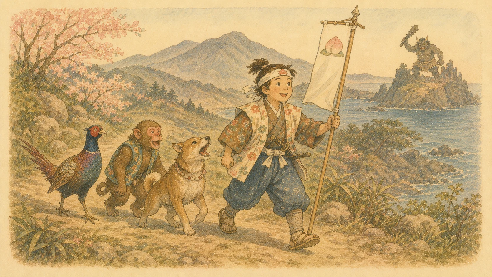 山道を、桃太郎と犬・猿・きじが連れだって進む挿絵。遠くに鬼が島が見える。