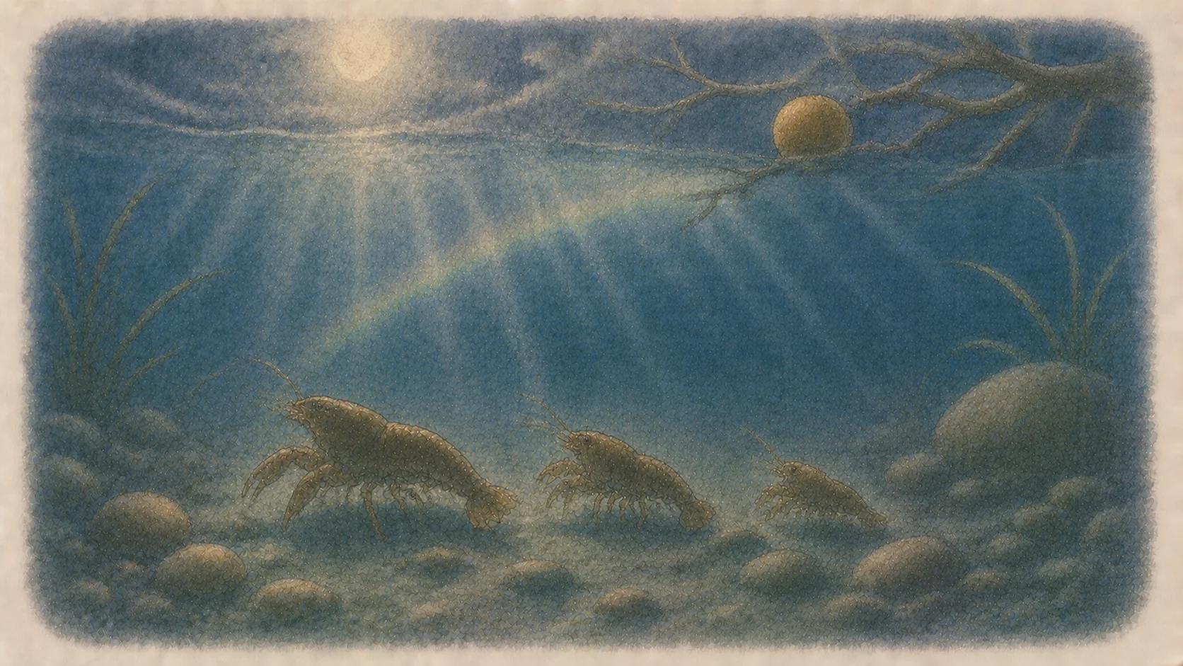 月光の差す谷川の底、三匹の蟹の親子と流れてきた黄ばんだやまなしの挿絵。
