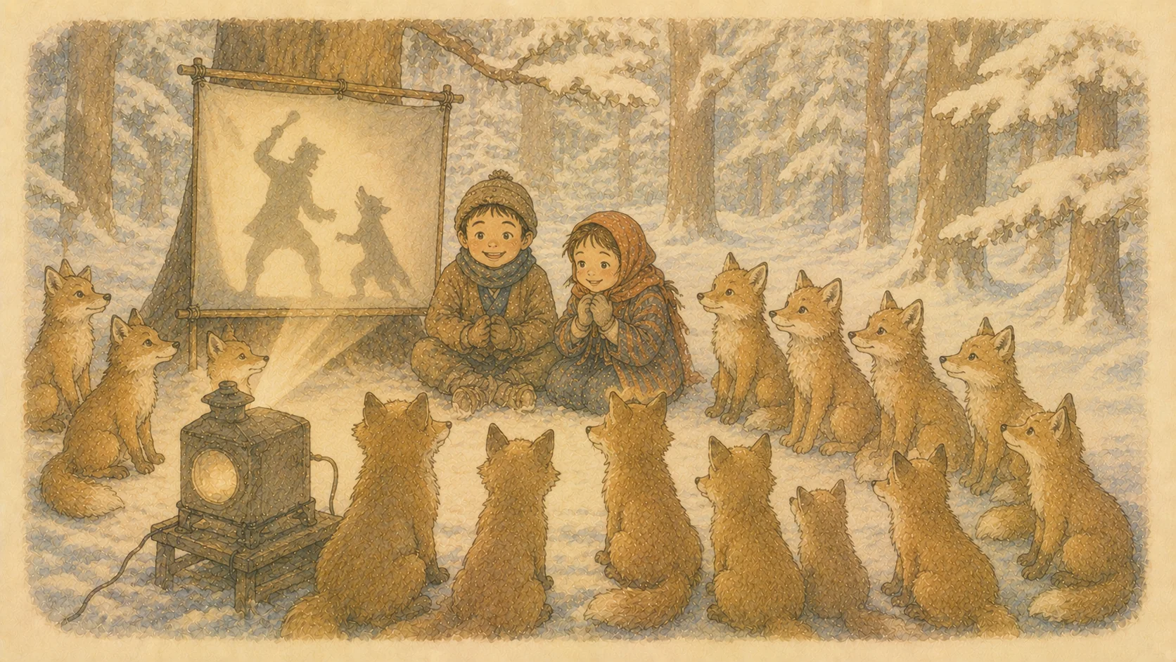 雪の森の中、並んで坐る小狐たちと、それを見守る二人の子どもの挿絵。