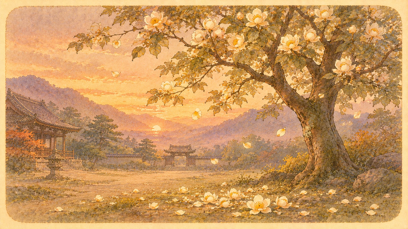 夕暮れの寺園に立つ沙羅双樹、淡黄色の花が地に散る挿絵。