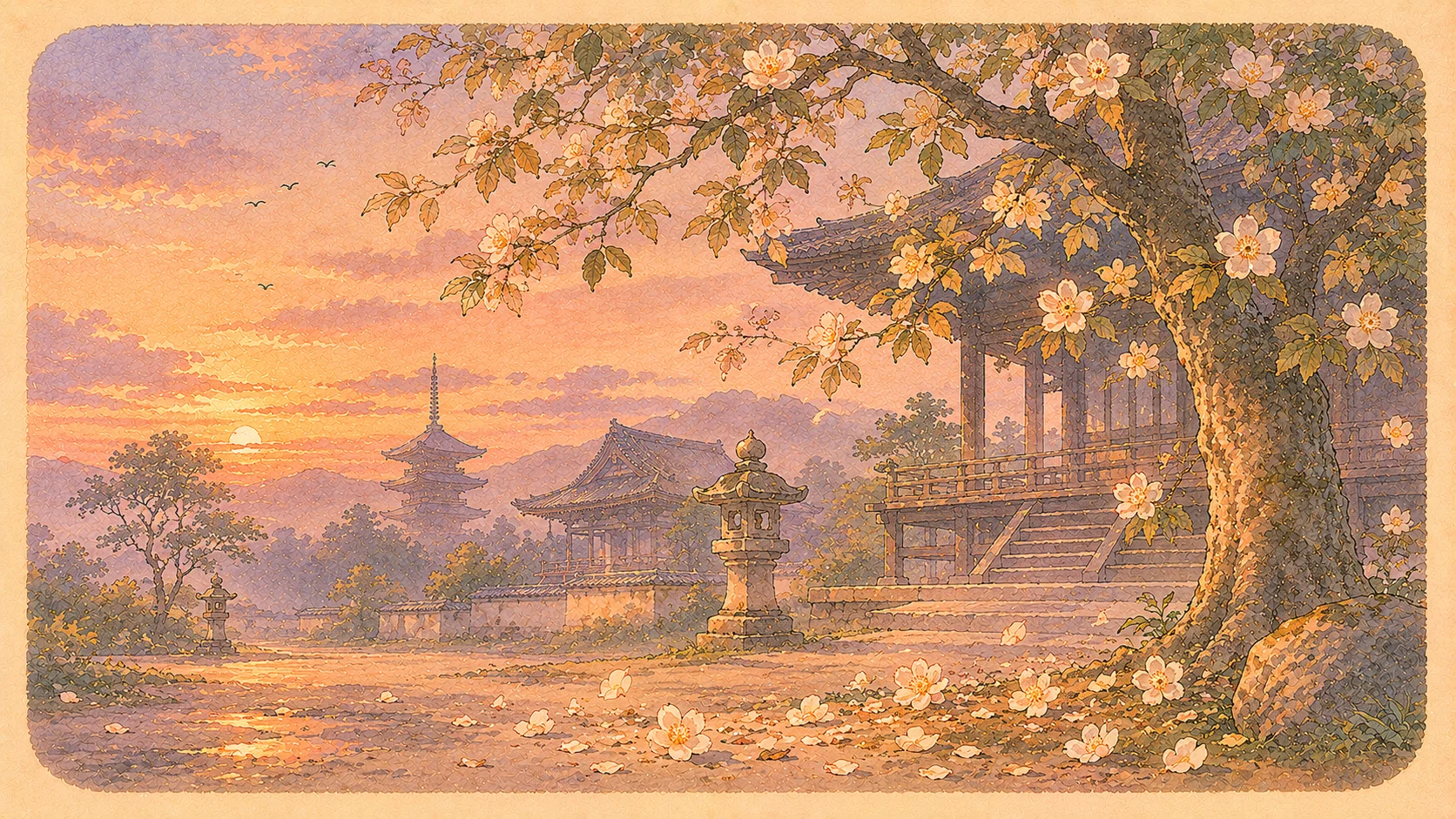 春の夜、月と薄雲の下、平家の落人たちの後ろ姿と風に流れる塵の挿絵。