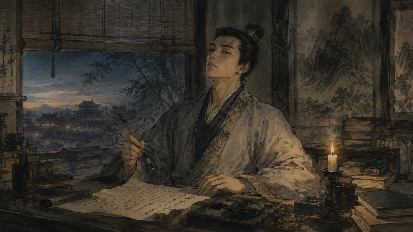 唐代の書斎で蝋燭の光のもと、書きかけの詩巻を前に筆を持ち、誇りと孤独を秘めて遠くを見る若き李徴の挿絵。