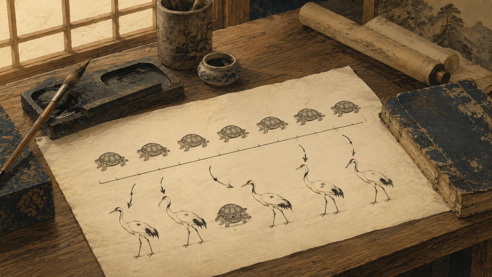 江戸時代の学者の机の上、和紙に並べられた亀の絵と矢印で鶴に変わっていく図、傍に塵劫記が置かれた挿絵。