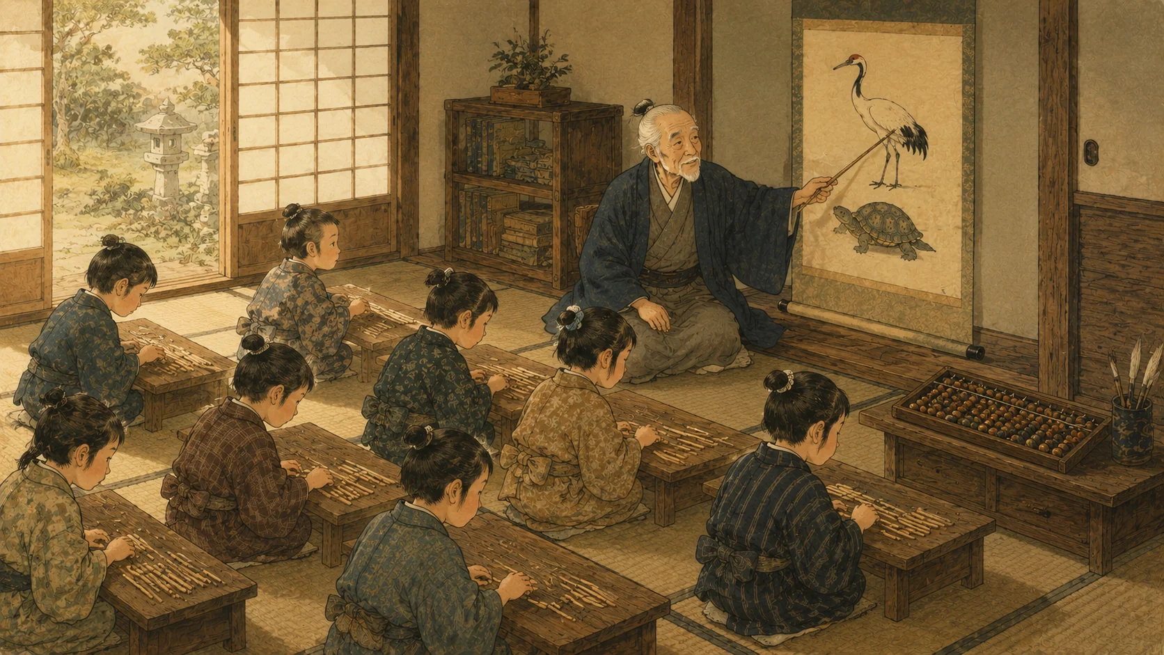 江戸時代の寺子屋で先生が掛軸を指して教え、子どもたちが算木を並べて計算する浮世絵風の挿絵。